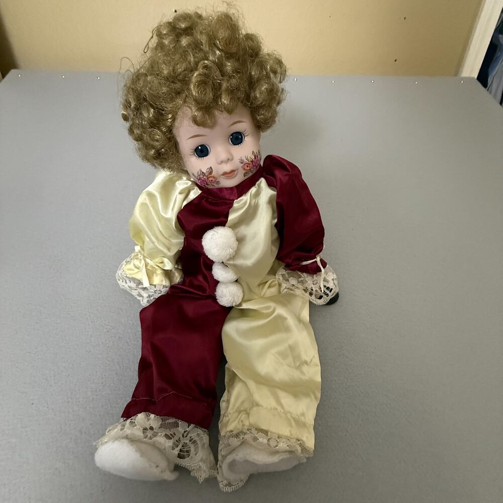 Brinn's 1988 Collectible Harlequin Clown Porcelain Doll Burgundy Cream Lace